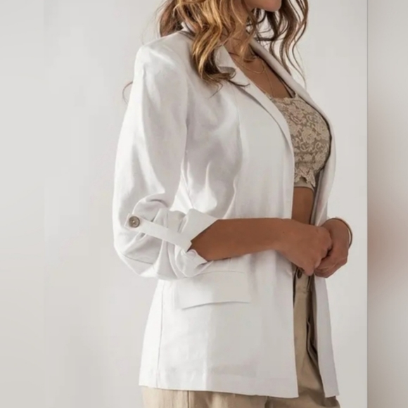 #385 SALE 🛑S,M Boho Linen Open Front Roll Tab Sleeve Blazer - Picture 12 of 16